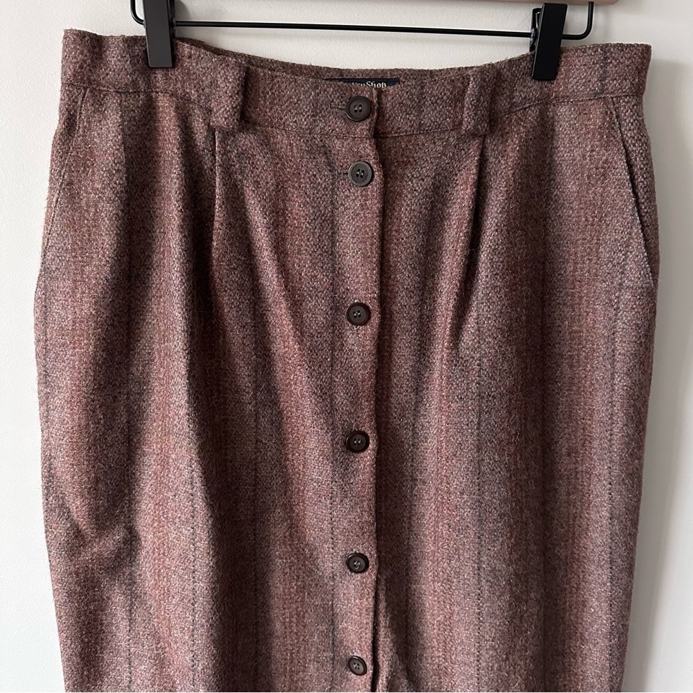 Vintage Midi Skirt Sz 14 Tweed Brown Button Front 70s 80s Academia Country Style - Picture 2 of 11